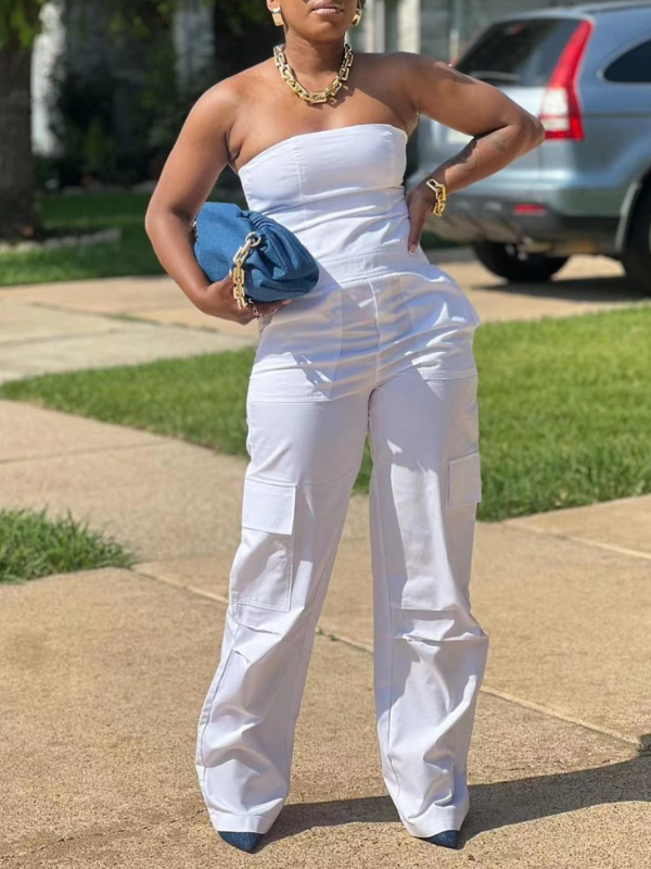 Solid Strapless Cargo Jumpsuit