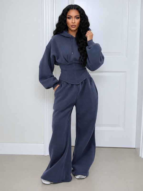 Solid Hoodie Cinched Waist Top & Pants Set