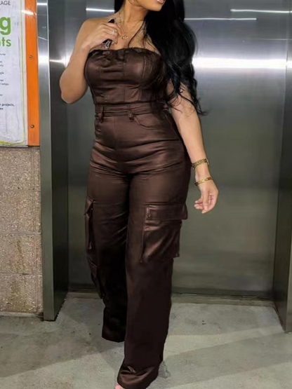 Morchique Faux Leather Strapless Jumpsuit
