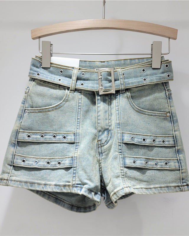 Retro High Waist Loose Stretch Denim Shorts Lightblue