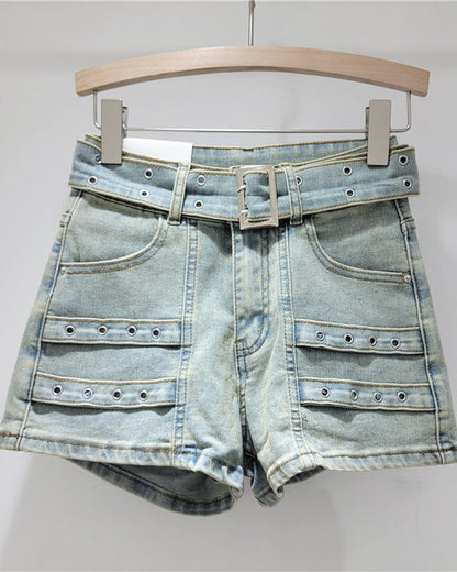 Retro High Waist Loose Stretch Denim Shorts Lightblue