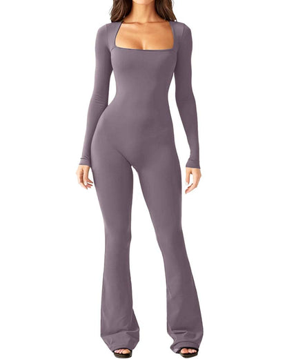 Long Sleeve Wide Collar Slim Fit Yoga Jumpsuit Violet