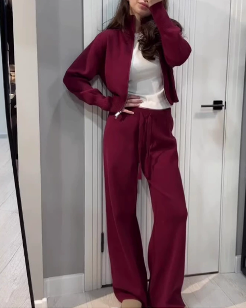 Pure Color Short Blouse And Knit Pants Suit