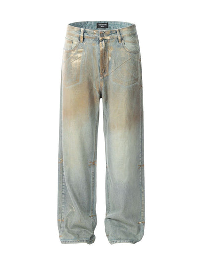 Brush Gold Straight-Leg Metal Baggy Jeans Lightblue