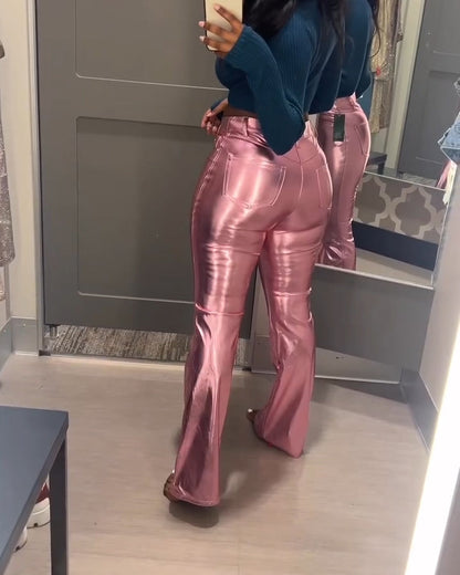 Women's High-Rise Barbie Metallic Faux Leather Flare Pants(Pre sale)