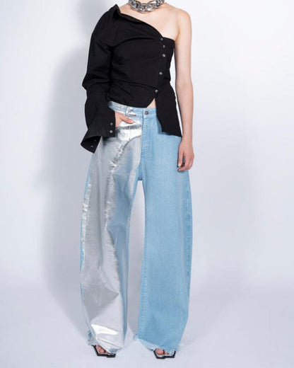 Patented Design Wide-Leg Versatile Irregular Silver Trousers