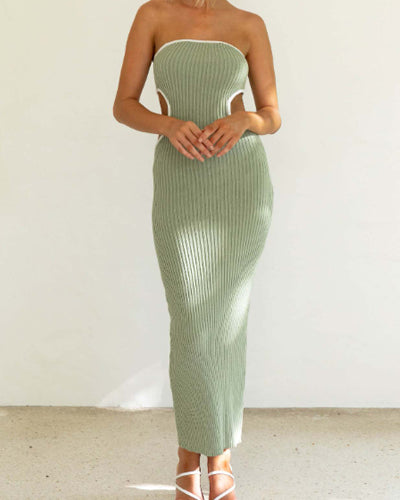 Ribbed Waist Cutout Strapless Slim Fit Dress