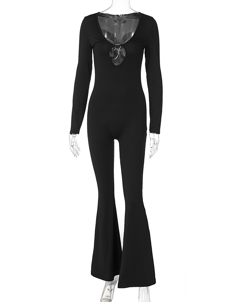 Long Sleeve V-Neck Tight Trim Jumpsuit