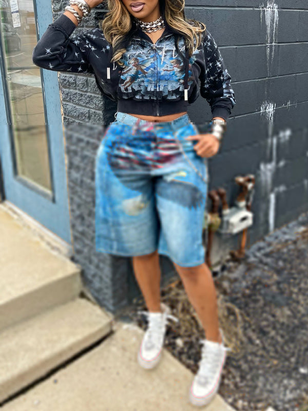 Printed Bermuda Denim Shorts