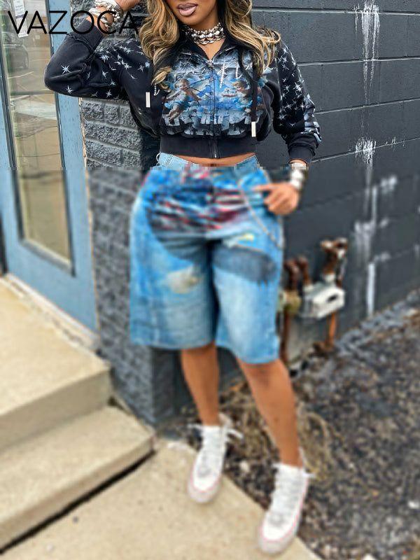 Printed Bermuda Denim Shorts