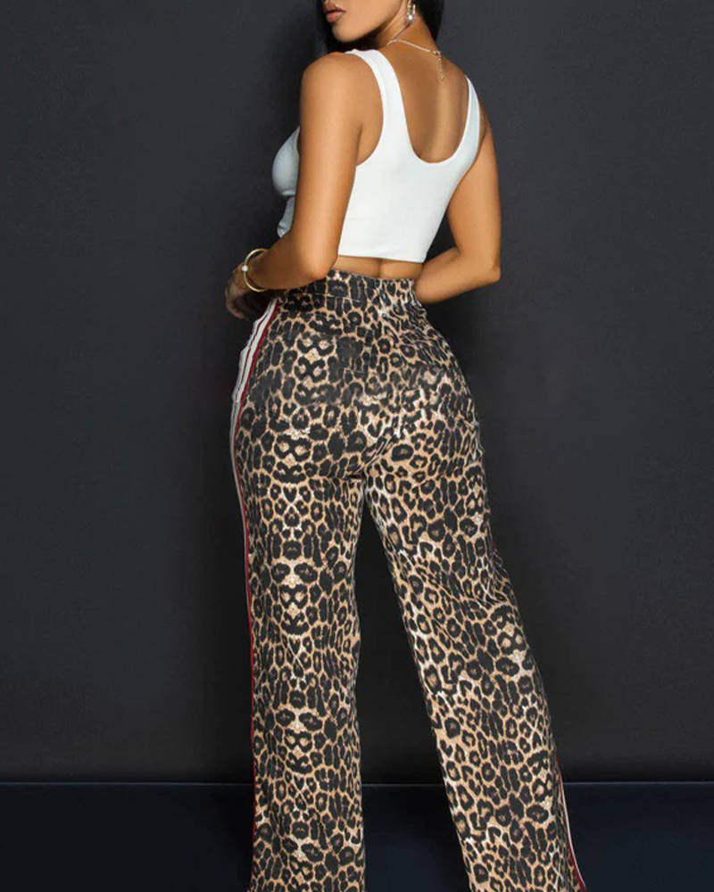 High-Waisted Leopard Print Casual Pants