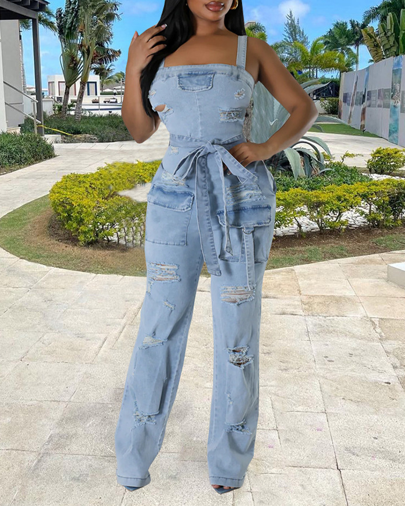 Ripped Denim Overalls