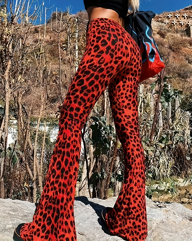 Slim-Fit Leopard Print Bootcut Trousers