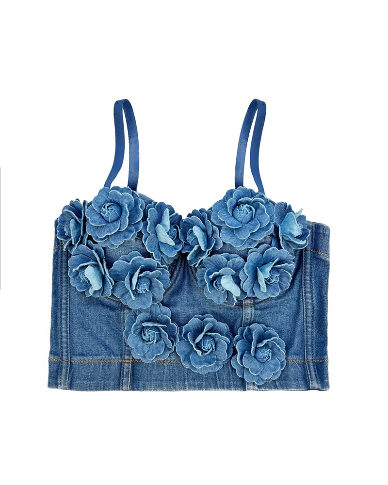 Beaded Flowers Denim Fishbone Corset