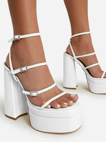 Leather Buckle Strap Platform Heel Sandals