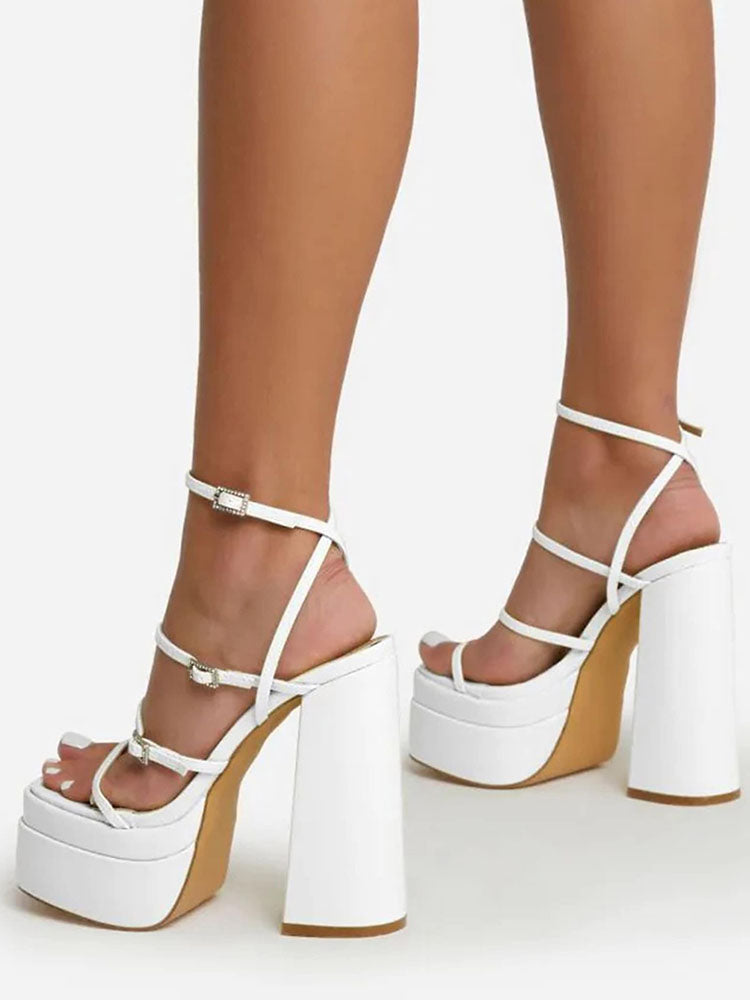 Leather Buckle Strap Platform Heel Sandals