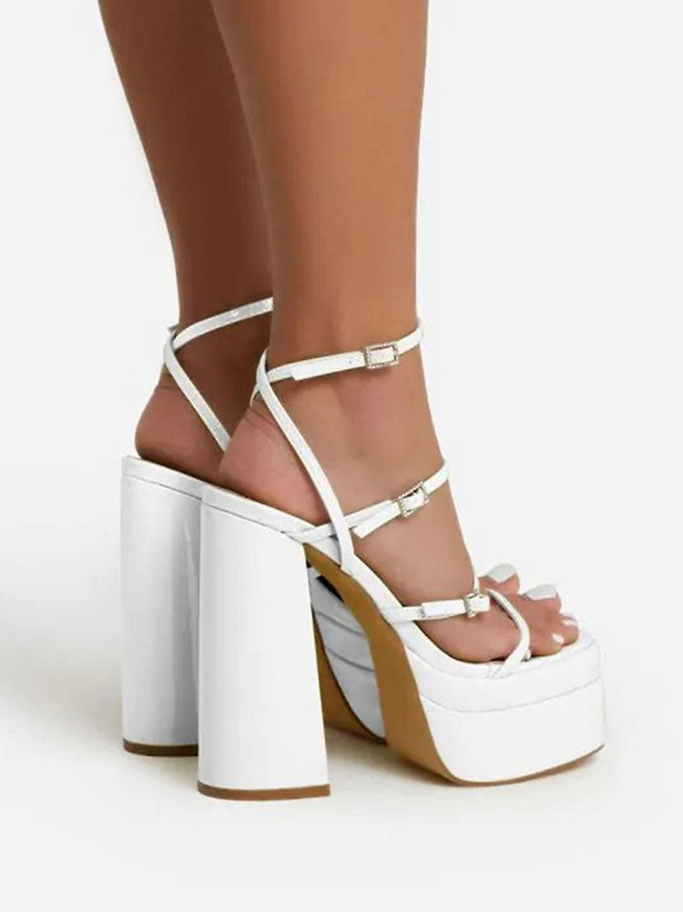 Leather Buckle Strap Platform Heel Sandals