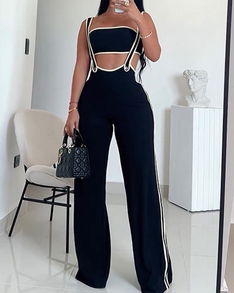 Contrast Color Knitted Hollow Jumpsuit Set (Pre-sale)