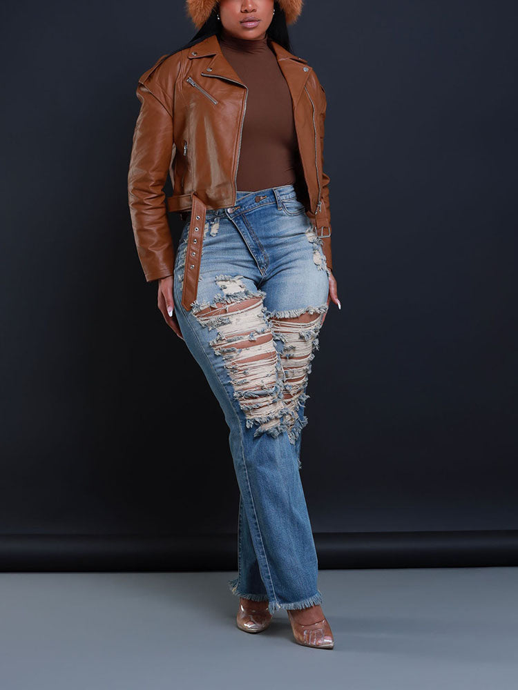 Distressed Asymmetrical Zip Jeans