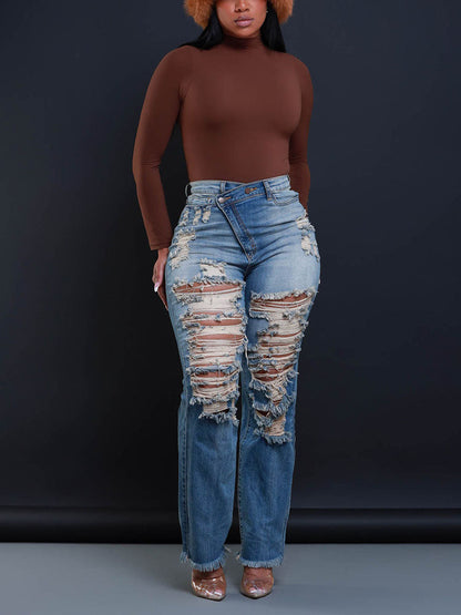 Distressed Asymmetrical Zip Jeans