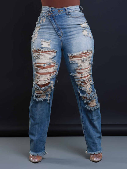 Distressed Asymmetrical Zip Jeans