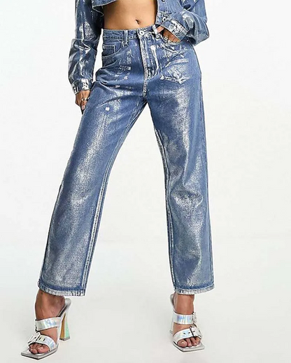 Loose Metal Jeans Women Silver