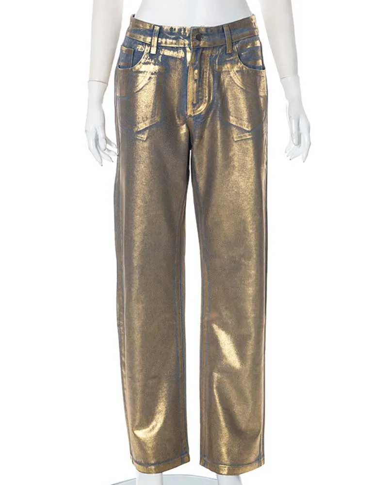 Loose Metal Jeans Women Gold