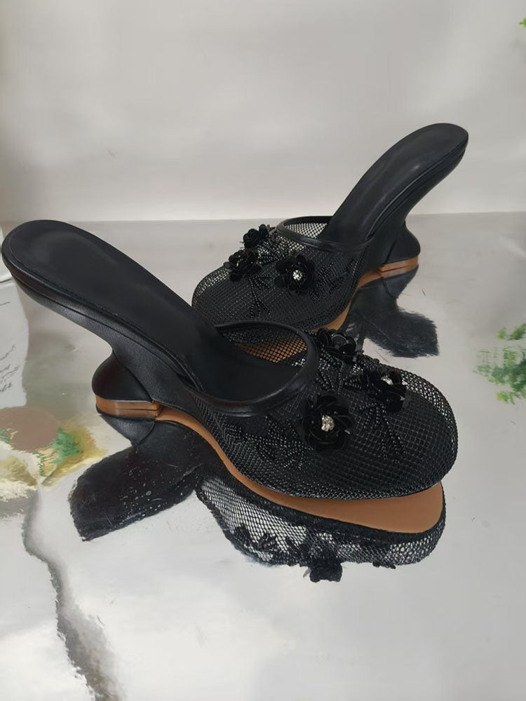 Floral Embroidered Mesh Wedge