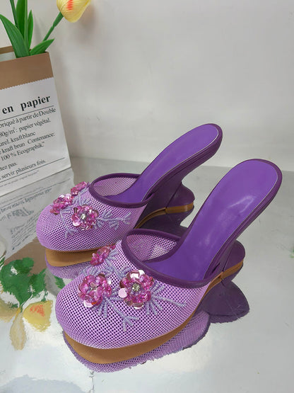 Floral Embroidered Mesh Wedge