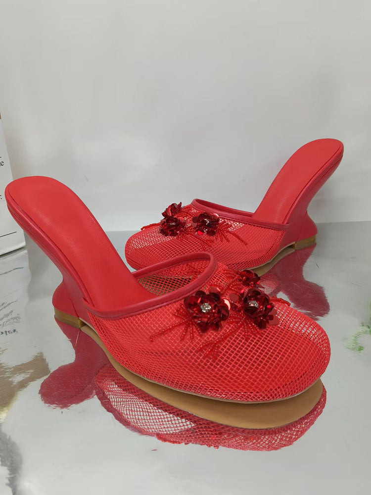 Floral Embroidered Mesh Wedge
