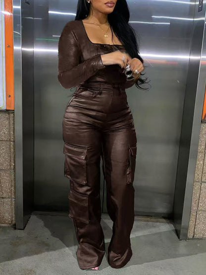 Faux-Leather Cargo Jumpsuit