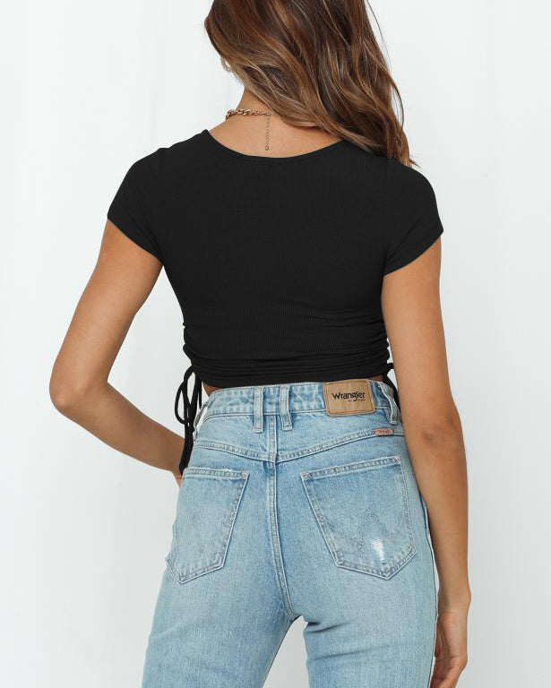 Midriff-Baring Drawstring Crew Neck T-Shirt Top