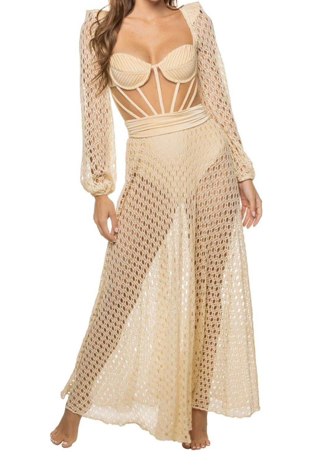 Natural Cutout Stretch-jersey And Crochet-knit Maxi swimsuit Beige