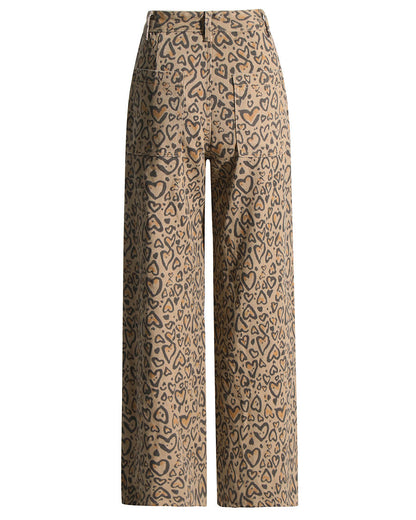 Leopard Print Diamond Straight Casual Trousers Women