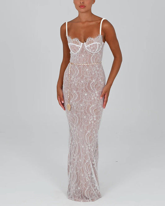 Lace Paneled Backless Suspender Slit Long Dress White