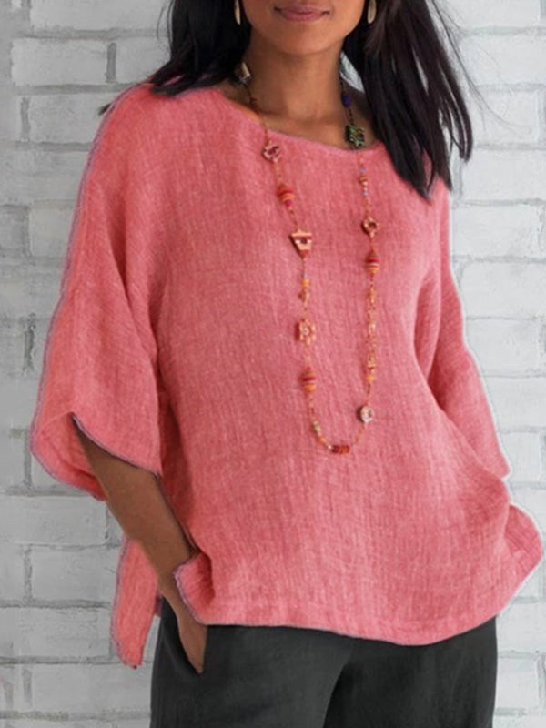 Women's Seven-point Sleeve Round Neck Cotton Linen Shirt Top Pink