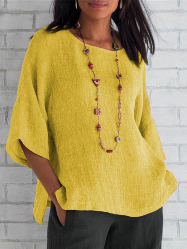 Women's Seven-point Sleeve Round Neck Cotton Linen Shirt Top Yellow