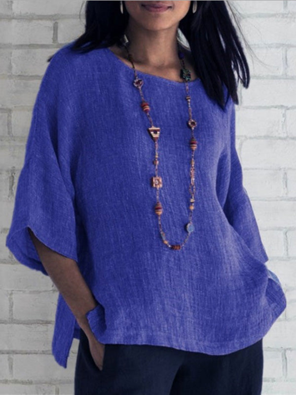 Women's Seven-point Sleeve Round Neck Cotton Linen Shirt Top Blue