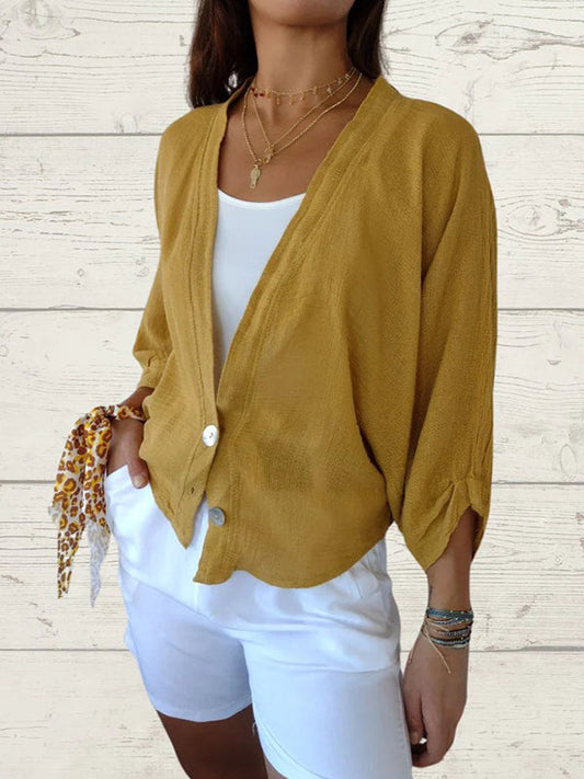 Women's Casual Cotton and Linen Cardigan Jacket Yellow