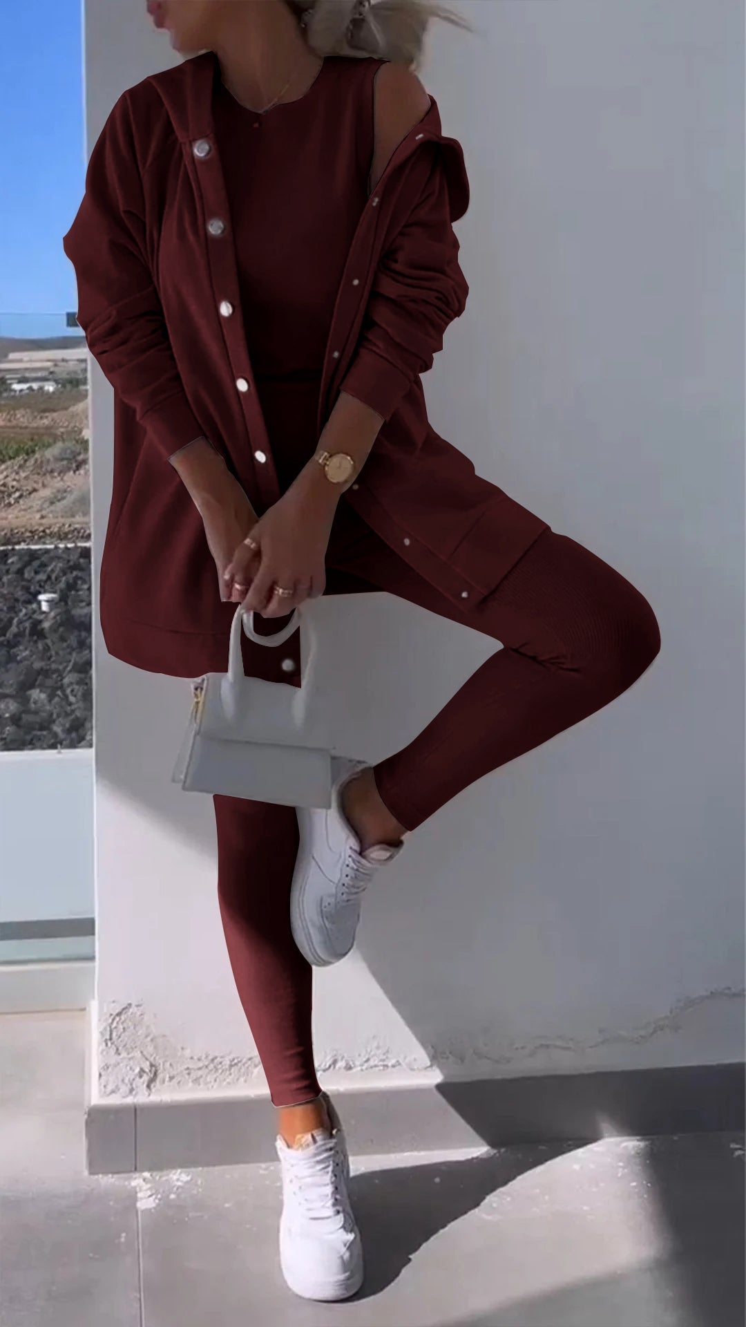 Hooded Cardigan Sweatshirt Three-piece Set burgundy