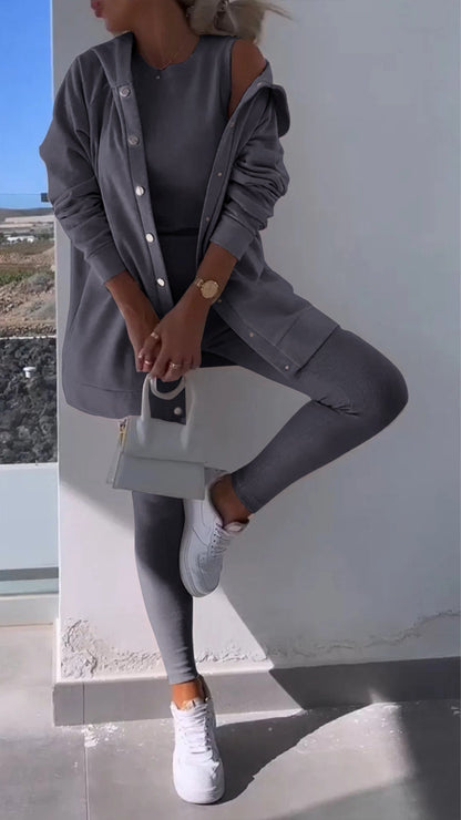 Hooded Cardigan Sweatshirt Three-piece Set gray