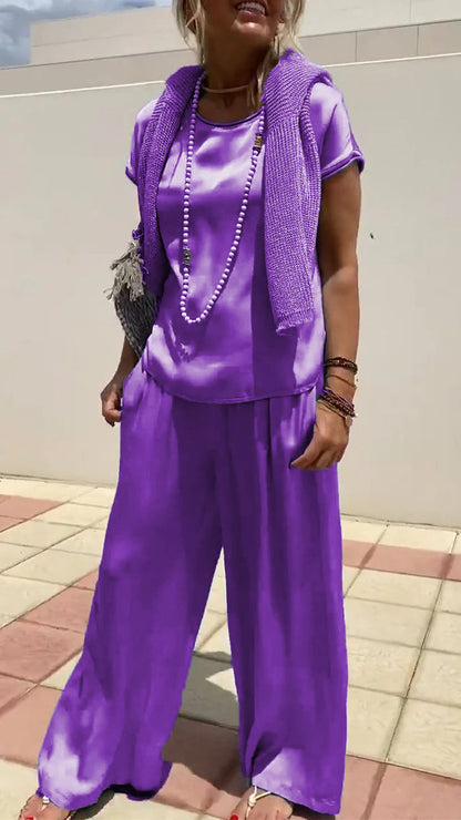 Satin Short-sleeved Crew Neck Two-piece Set purple