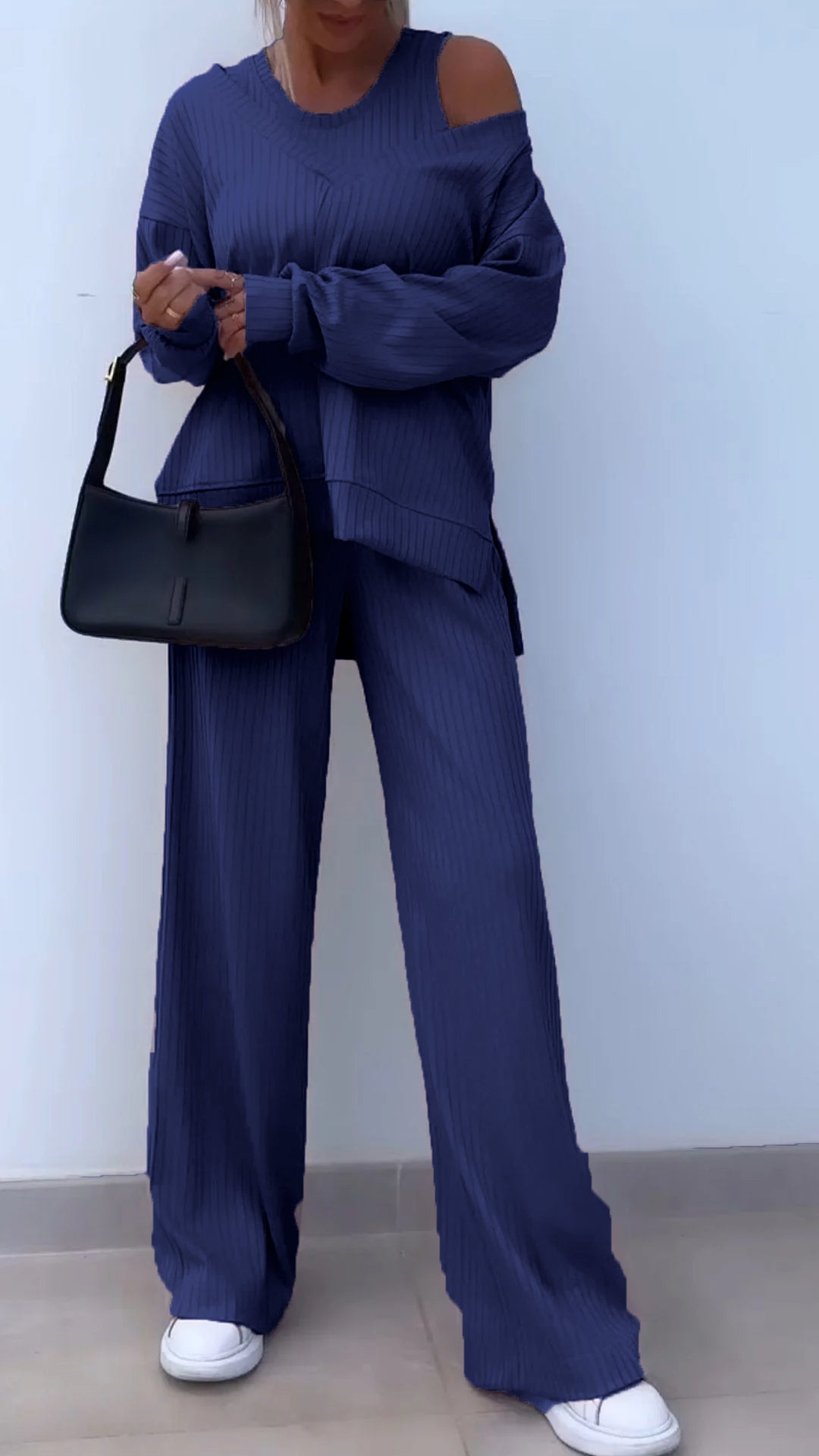 Casual V-neck Long-sleeved Three-piece Suit dark blue