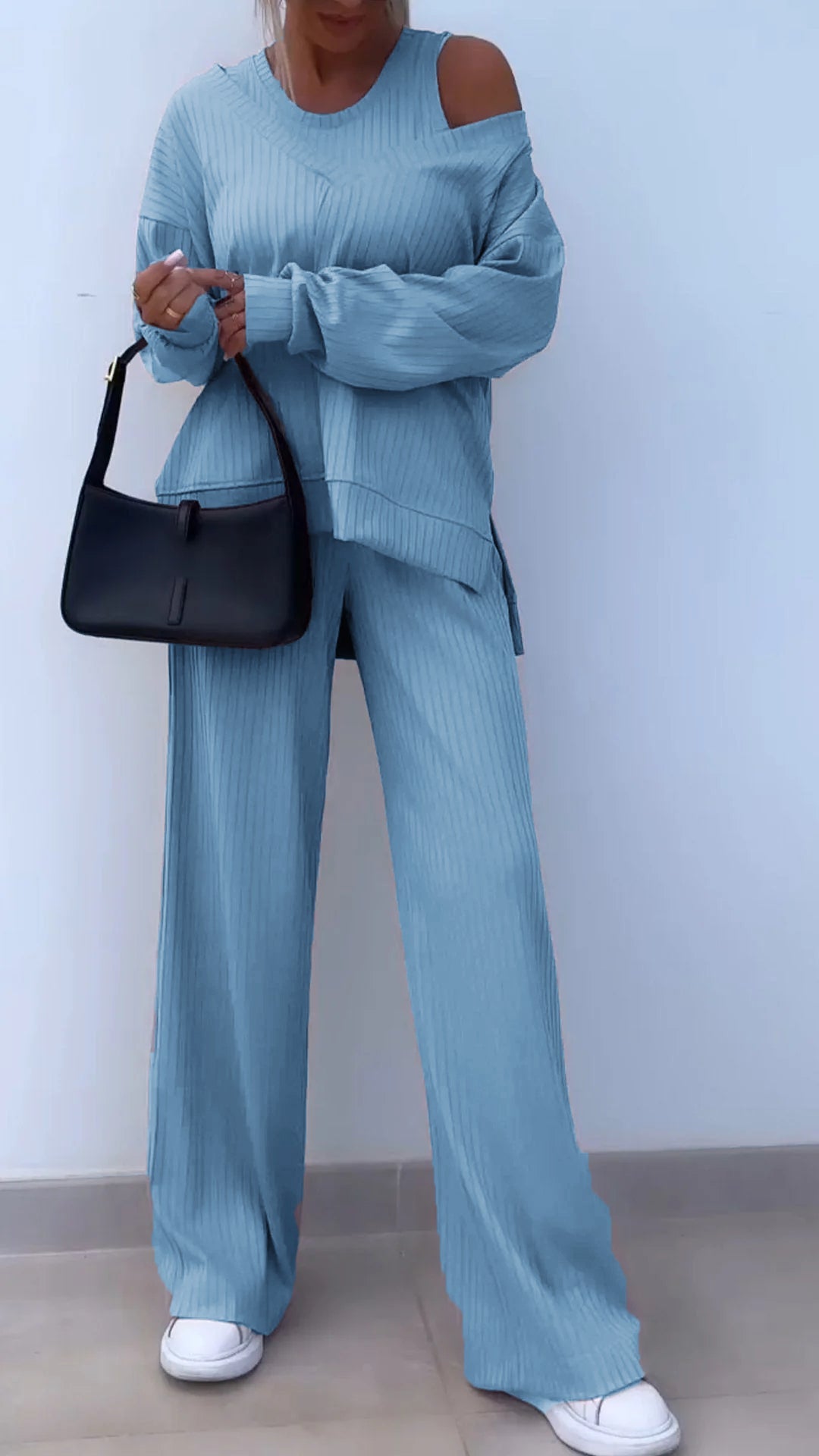 Casual V-neck Long-sleeved Three-piece Suit light blue