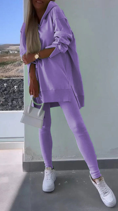 Two-piece Slit Hooded Sweatshirt Set purple