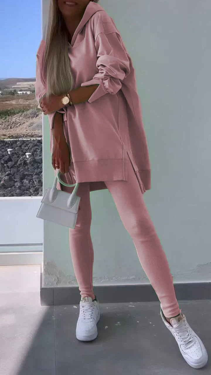 Two-piece Slit Hooded Sweatshirt Set pink