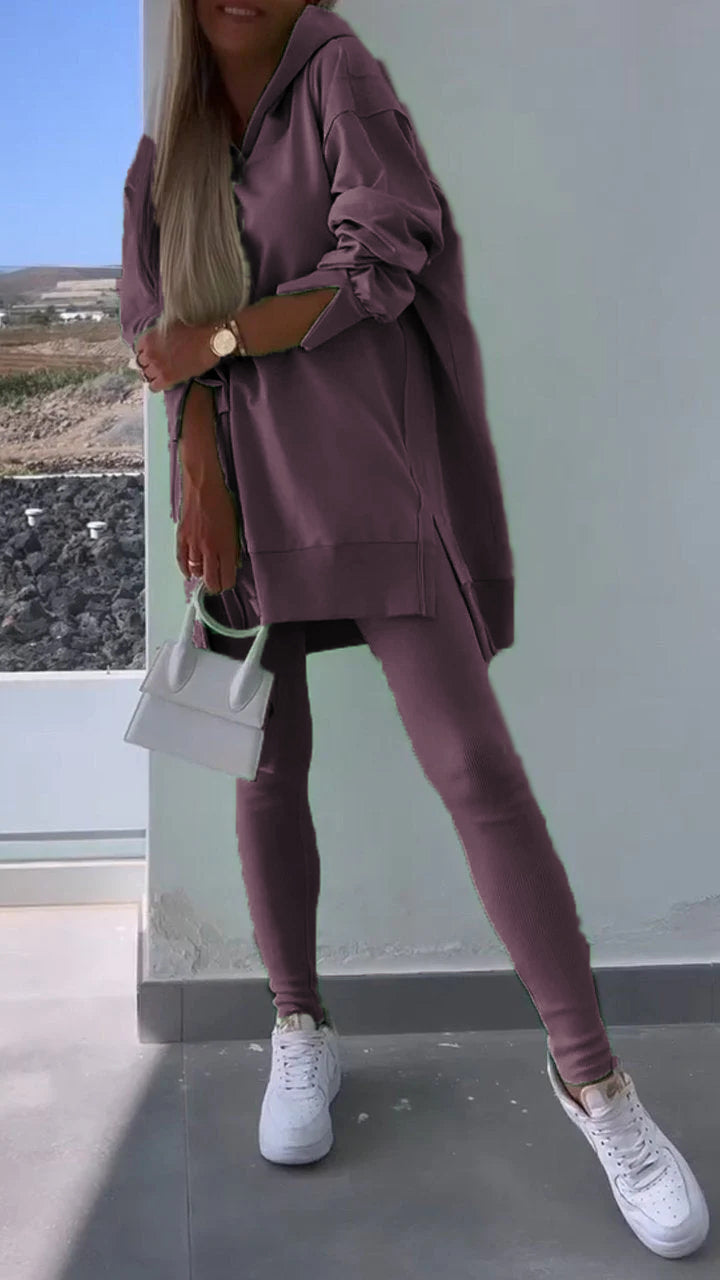 Two-piece Slit Hooded Sweatshirt Set gray purple