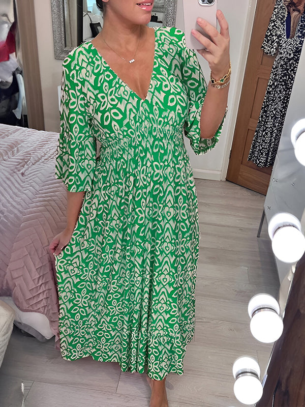 Casual V-neck Printed Dress green