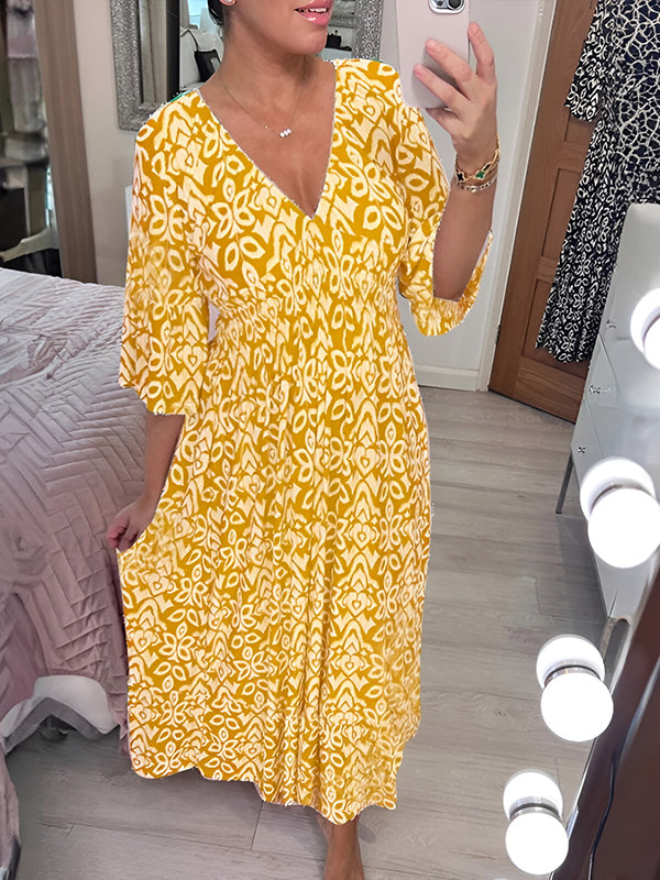 Casual V-neck Printed Dress yellow