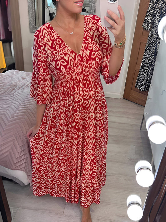 Casual V-neck Printed Dress red